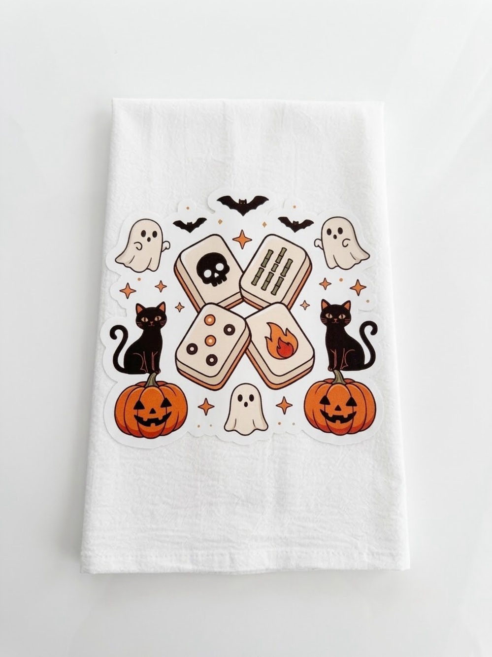Halloween Mahjong Cat Cotton Tea Towel - White Fall Autumn